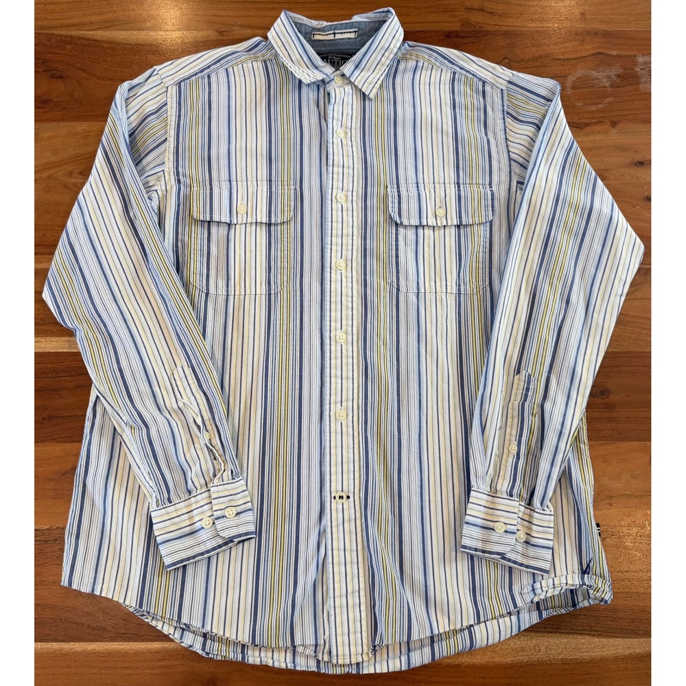Nautica Mens Blue Yellow Striped Long Sleeve Button Down Shirt Size M Cotton
